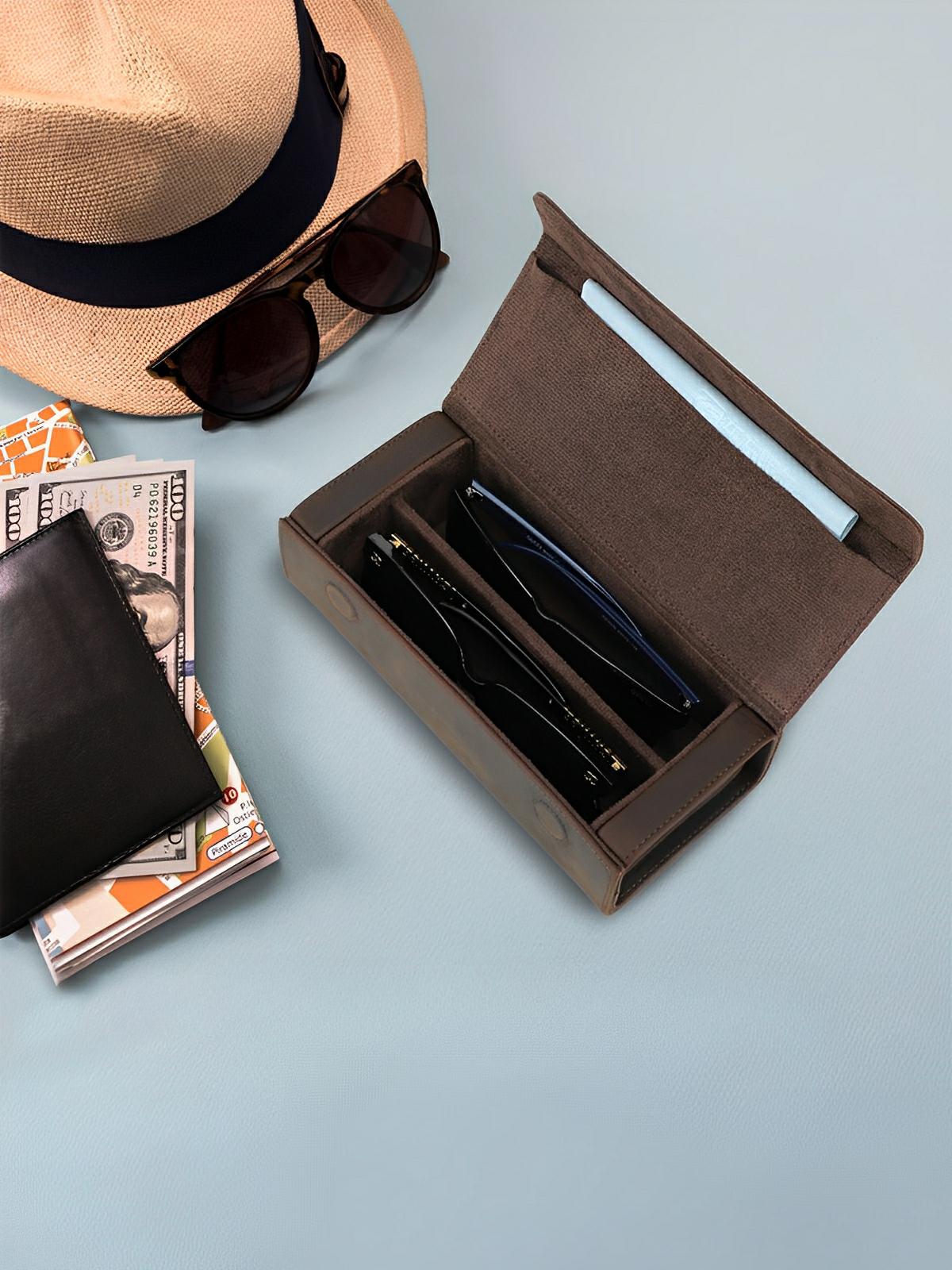 Étui à lunettes, en cuir, compact, modèle Valens - Coffret - Café