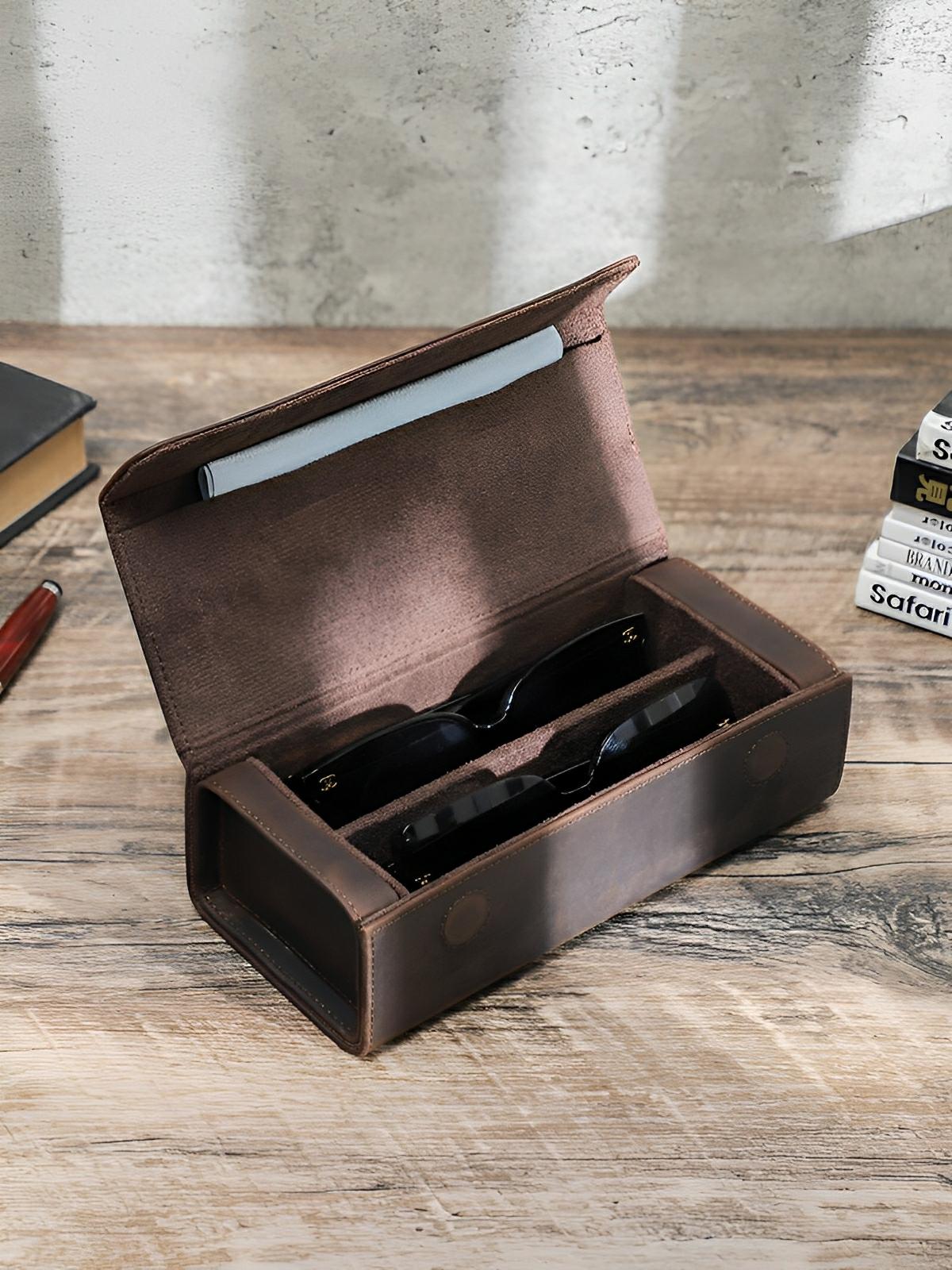 Étui à lunettes, en cuir, compact, modèle Valens - Coffret - Café