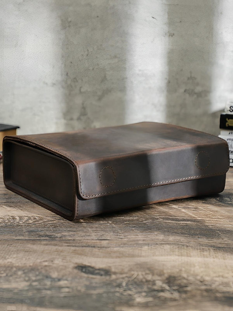 Étui à lunettes, en cuir, voyage organisé, modèle Hilarion - Coffret - Café