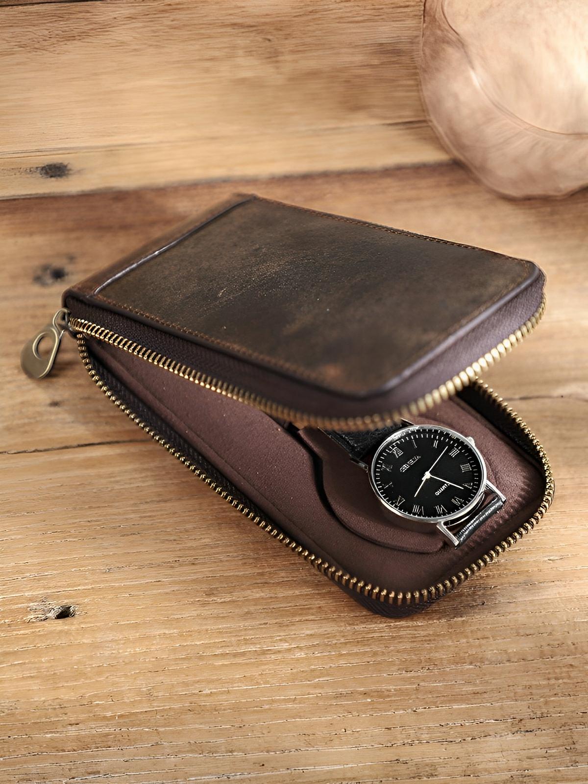 Étui à montres, en cuir, à une capacité, porte - carte intégré, modèle Crispin - Coffret - Café
