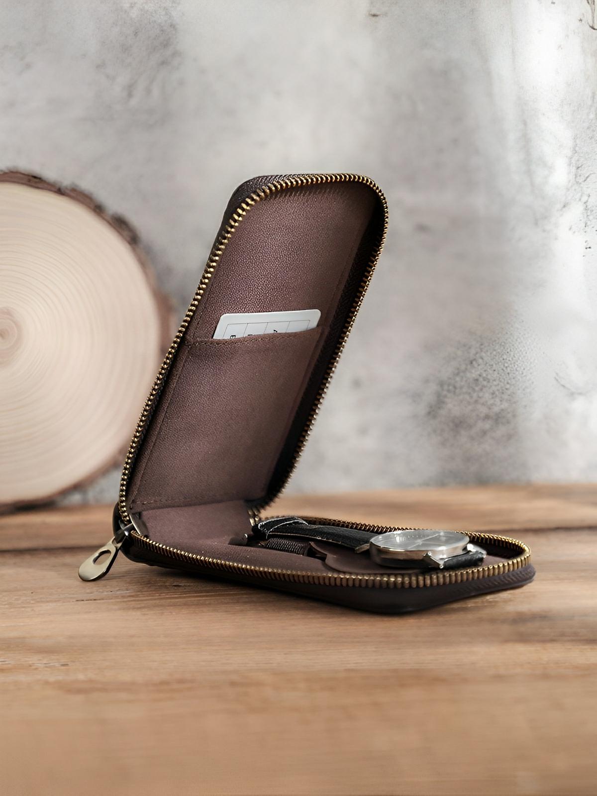 Étui à montres, en cuir, à une capacité, porte - carte intégré, modèle Crispin - Coffret - Café
