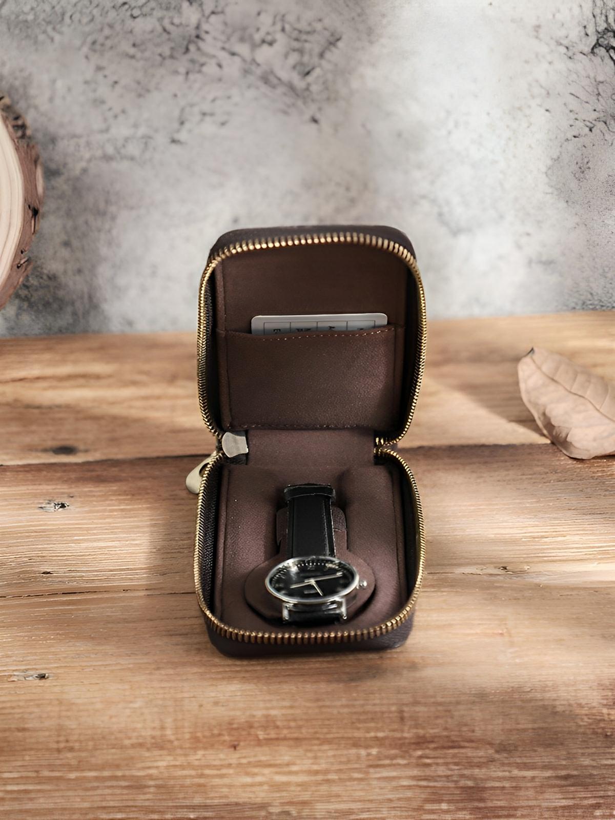 Étui à montres, en cuir, à une capacité, porte - carte intégré, modèle Crispin - Coffret - Café
