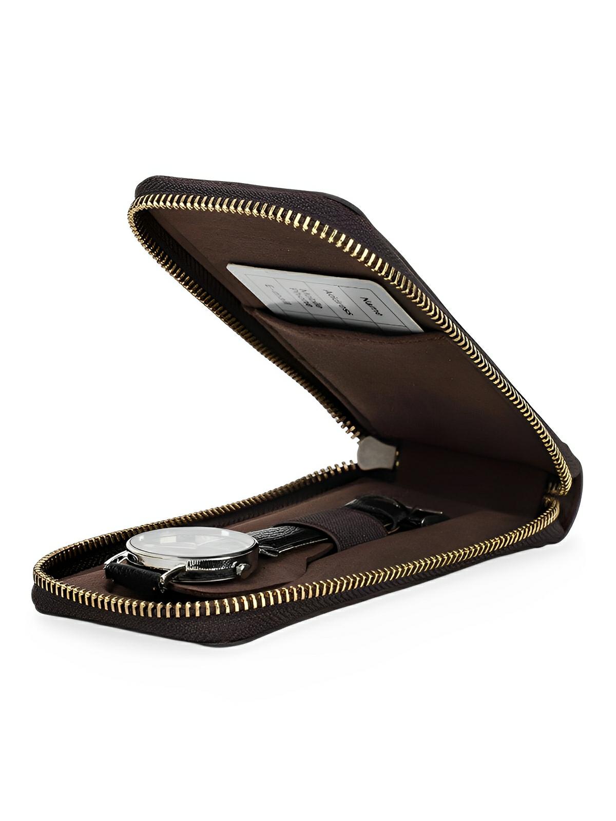 Étui à montres, en cuir, à une capacité, porte - carte intégré, modèle Crispin - Coffret - Café