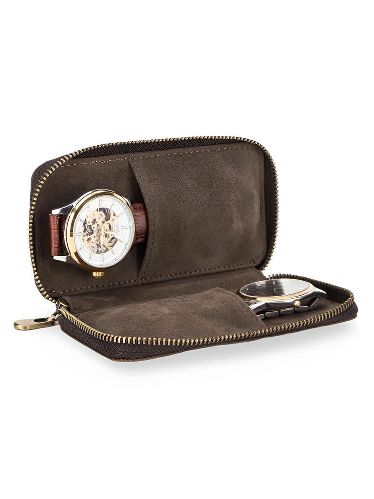Étui à montres, en cuir, double emplacement, modèle Ansel - Coffret - Café
