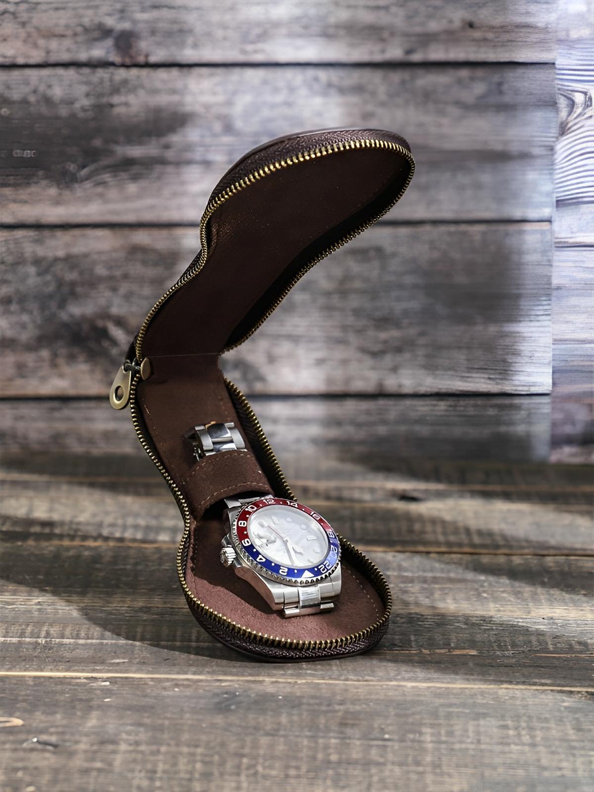 Étui à montres, en cuir, un emplacement, intérieur doux, modèle Bérulf - Coffret - Café