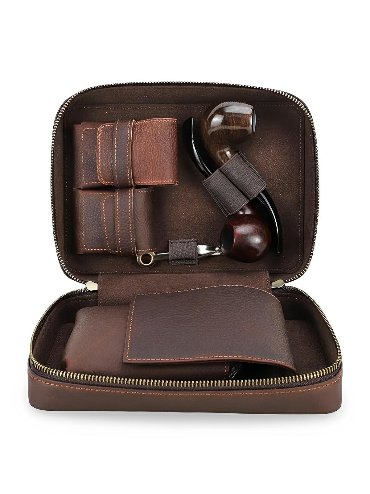 Étui à pipe, en cuir, nombreux rangements, accessoire pour fumeur, modèle Adraste - Coffret - Café