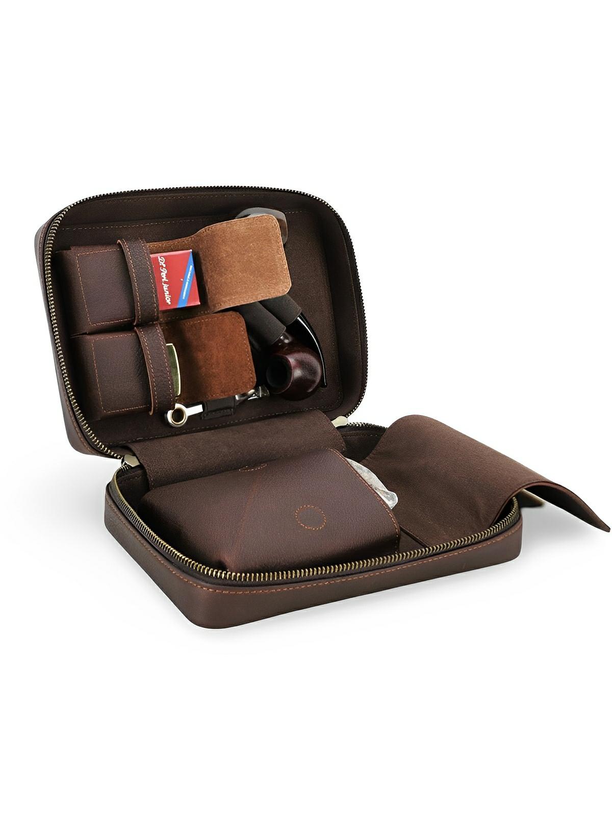 Étui à pipe, en cuir, nombreux rangements, accessoire pour fumeur, modèle Adraste - Coffret - Café