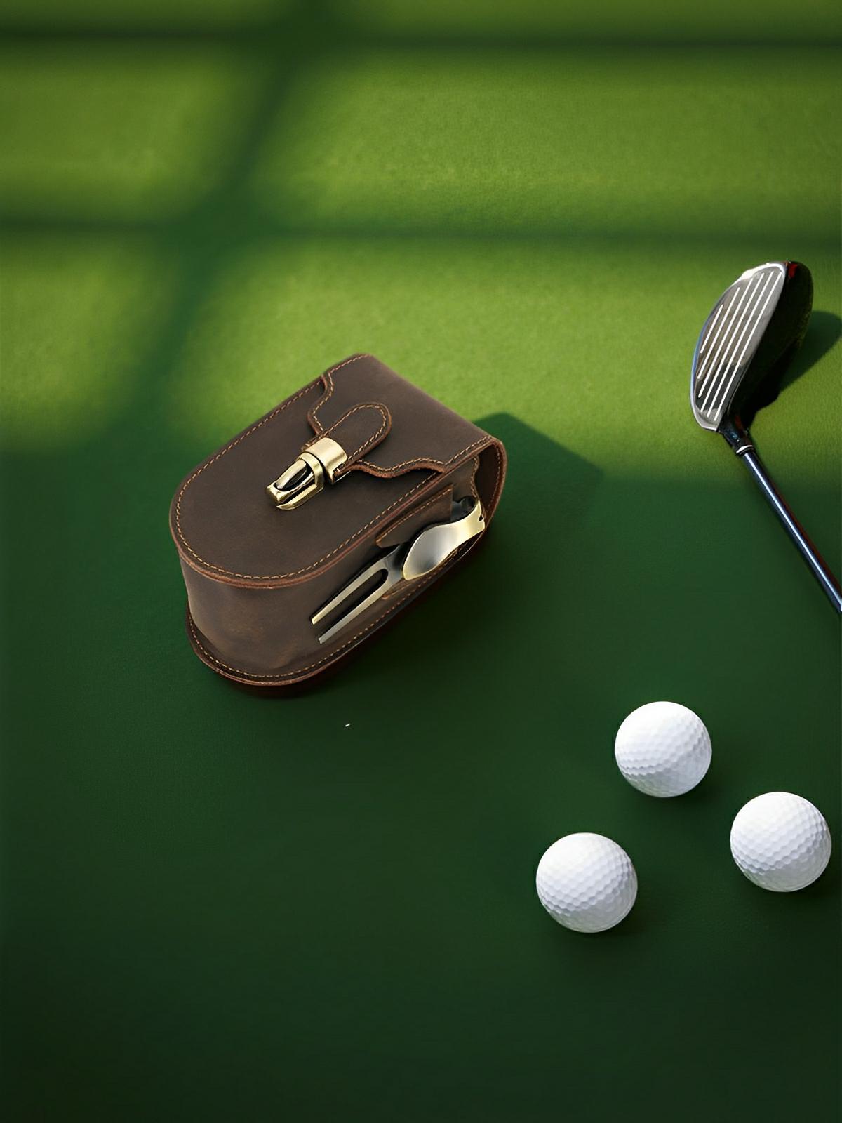 Étui pour balles de golf et tees, en cuir, portable à la ceinture, modèle Amarant - Coffret - Café