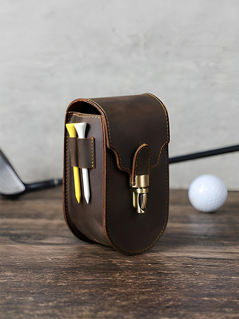 Étui pour balles de golf et tees, en cuir, portable à la ceinture, modèle Amarant - Coffret - Café