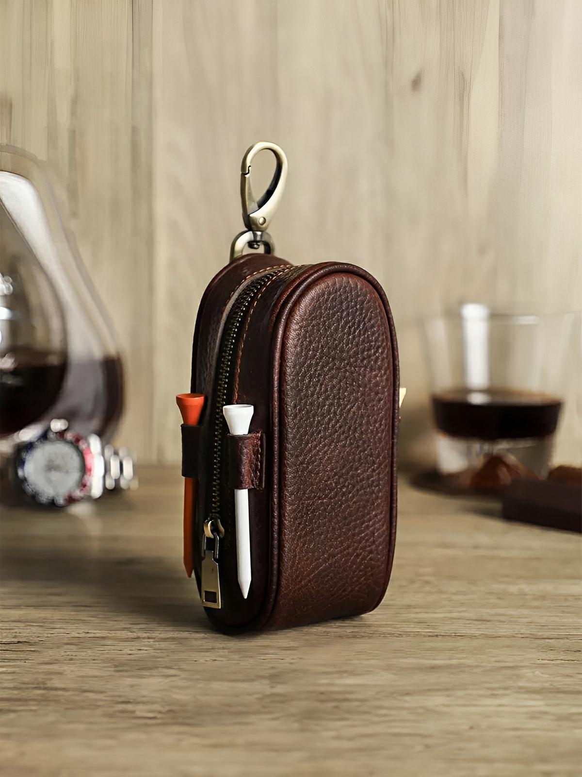 Étui pour balles de golf et tees, en cuir, transportable partout, modèle Ébrard - Coffret - Café
