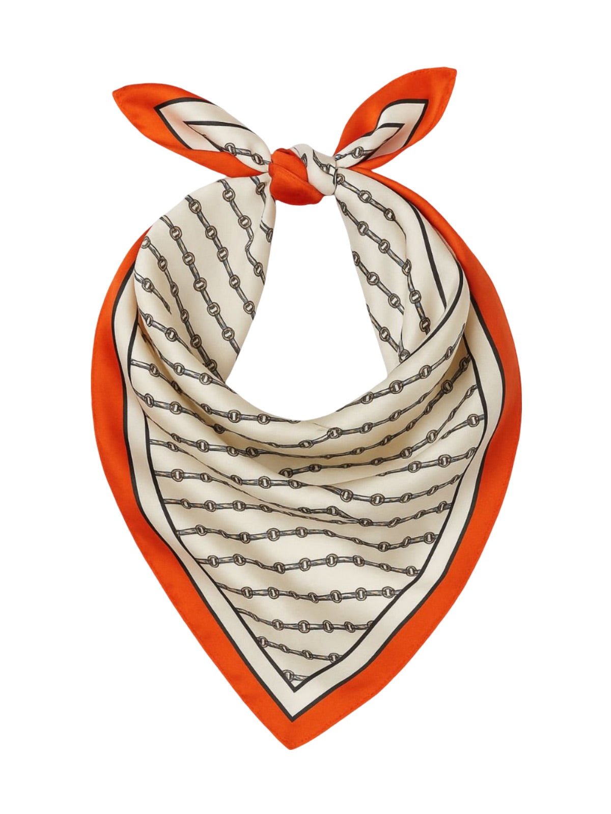 Foulard carré aspect soie synthétique, imprimé chaîne géométrique, blanc rouge noir, bordure orange vif, accessoire polyvalent femme, 90x90 cm, modèle Marina - Écharpe - Blanc