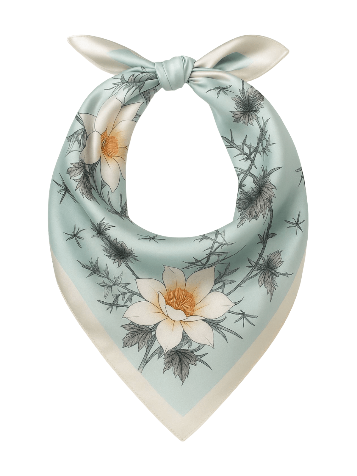 Foulard carré effet satiné femme, soyeux bleu pastel fleurs blanches, foulard cheveux et cou, accessoire polyvalent, tissu fluide brillant, imprimé floral raffiné, modèle Miah - Écharpe - Imprimé floral