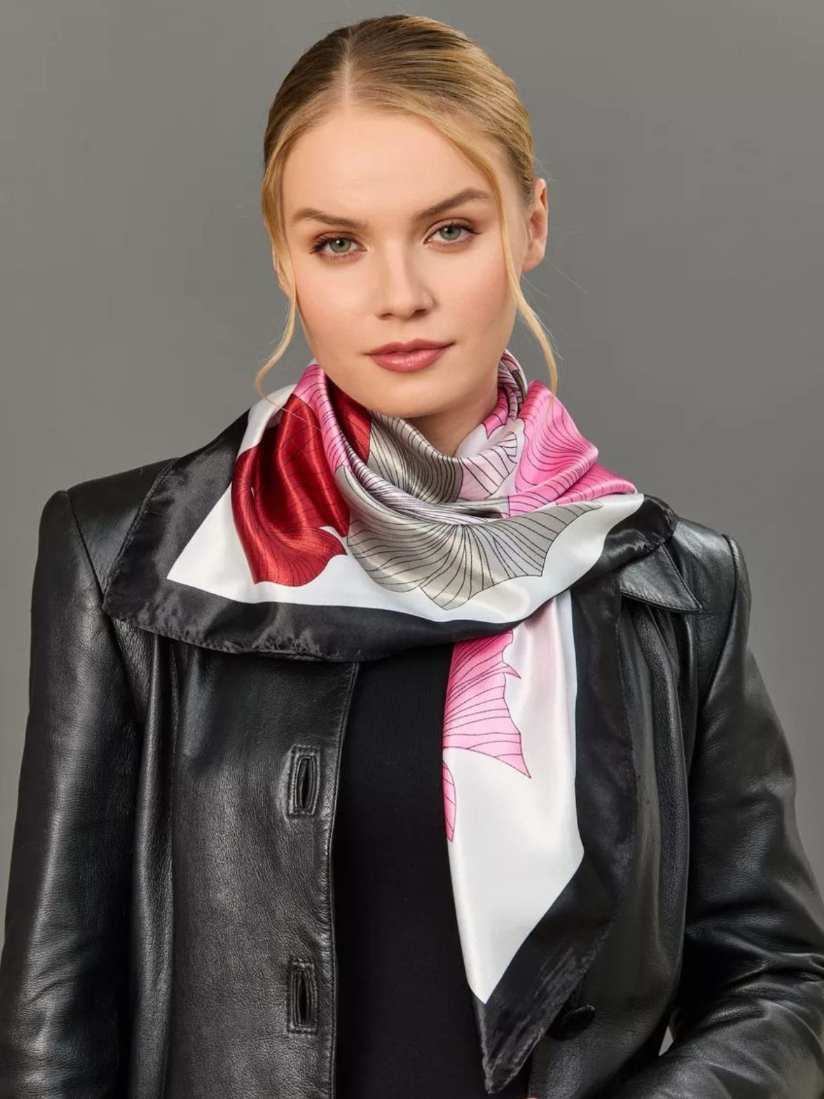 Foulard carré effet satiné, imprimé floral, grand format, multiusage, doux et brillant, accessoire cheveux ou cou, modèle Dannah - Écharpe - Blanc
