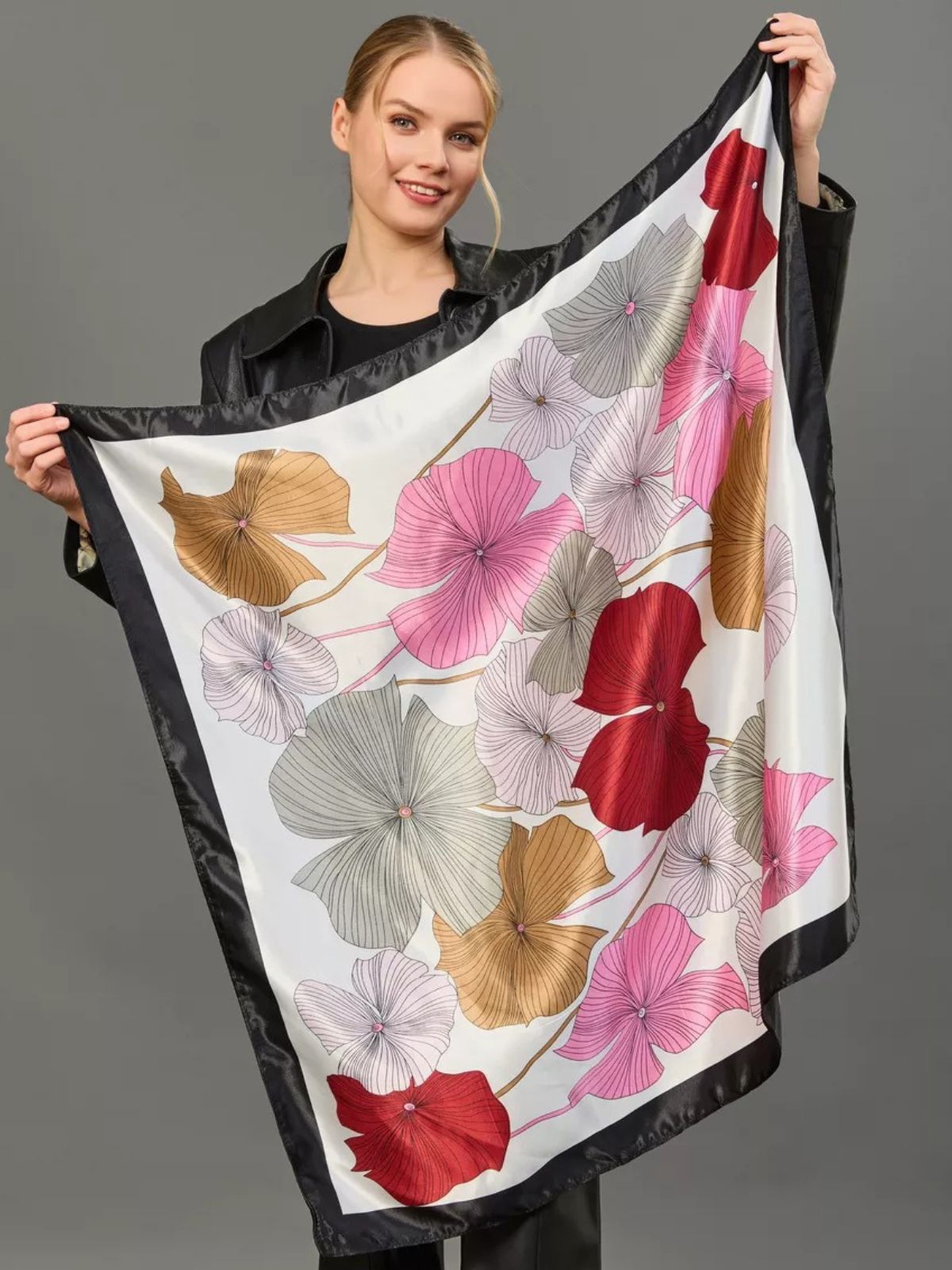 Foulard carré effet satiné, imprimé floral, grand format, multiusage, doux et brillant, accessoire cheveux ou cou, modèle Dannah - Écharpe - Blanc