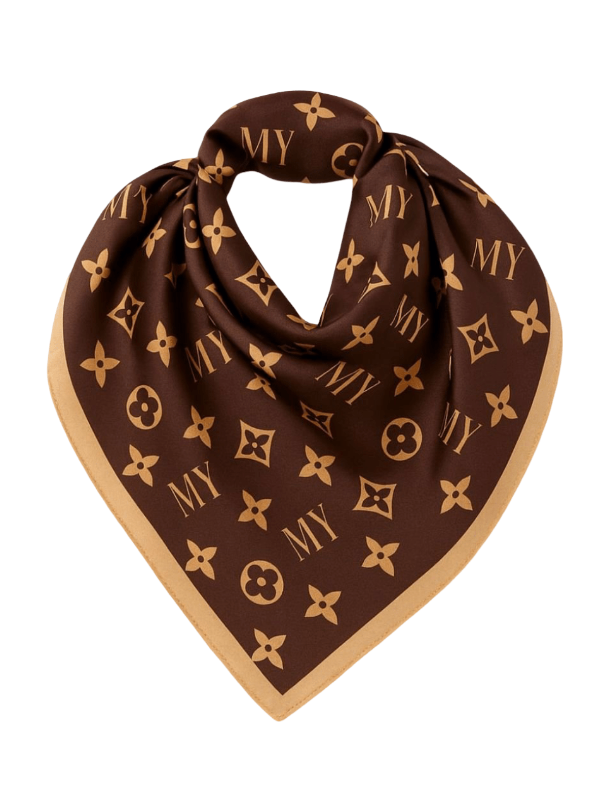 Foulard carré effet satiné marron doré, imprimé floral et lettres MY, format 90x90 cm, accessoire cheveux ou cou, modèle Rihanna - Écharpe - Marron