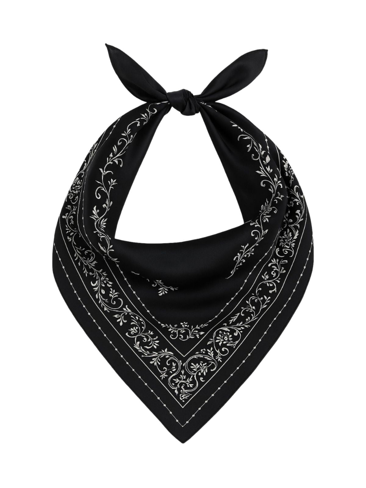 Foulard carré effet satiné noir imprimé blanc, soyeux cheveux et cou, accessoire féminin chic, multiposition, bandana léger pour toute saison modèle Yolane - Écharpe - Noir