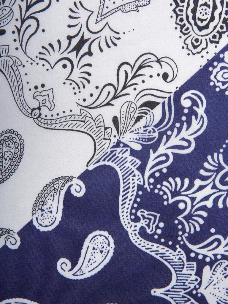 Foulard carré femme aspect soie, imprimé cachemire bleu et gris, accessoire de tête chic, tendance, foulard cheveux effet satiné, modèle Elysa - Écharpe - Bleu