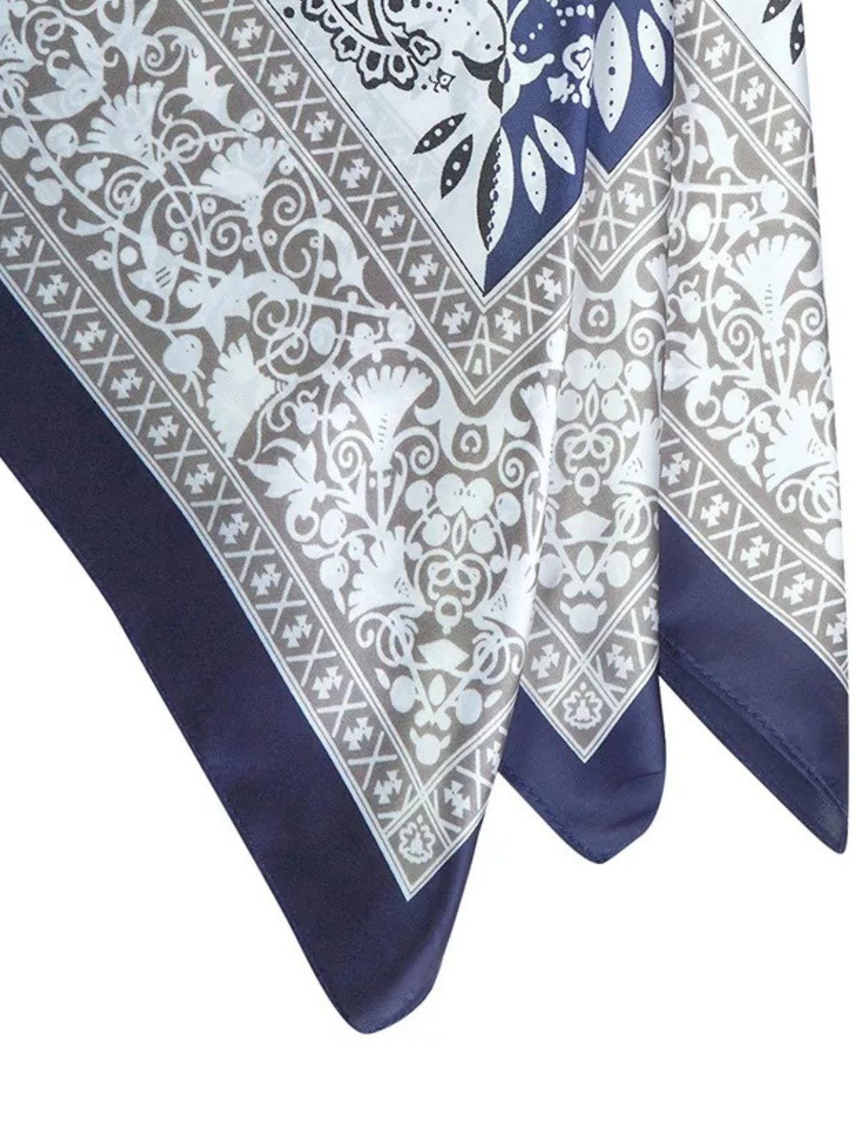 Foulard carré femme aspect soie, imprimé cachemire bleu et gris, accessoire de tête chic, tendance, foulard cheveux effet satiné, modèle Elysa - Écharpe - Bleu