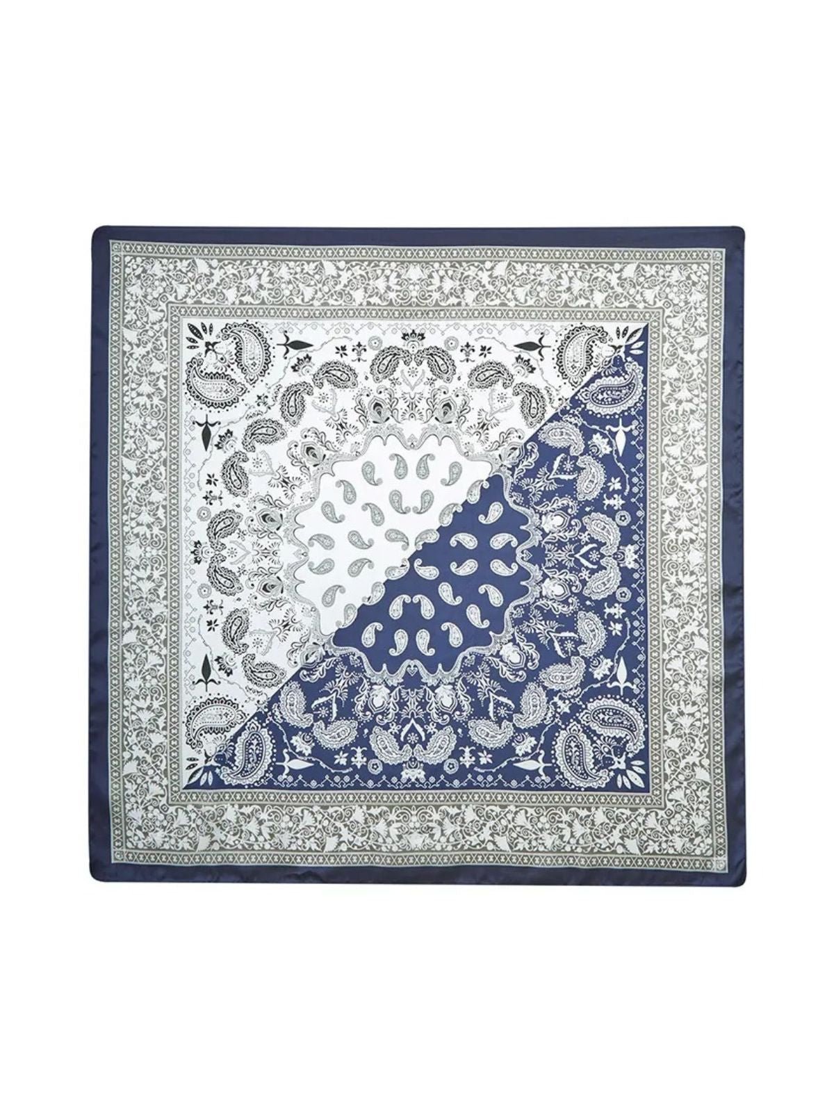 Foulard carré femme aspect soie, imprimé cachemire bleu et gris, accessoire de tête chic, tendance, foulard cheveux effet satiné, modèle Elysa - Écharpe - Bleu