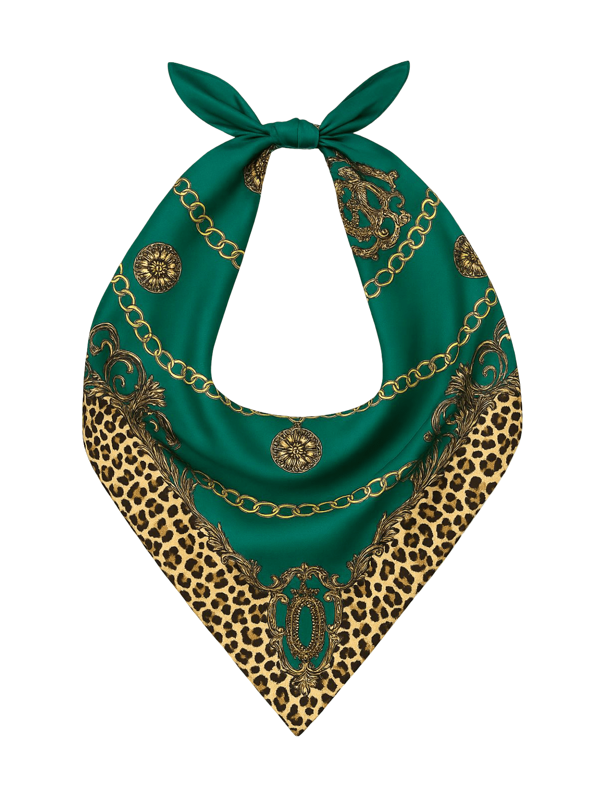 Foulard carré femme, effet satinée, imprimé léopard et chaînes, vert émeraude, accessoire multifonction, look glamour, modèle Mariannah - Écharpe - Vert