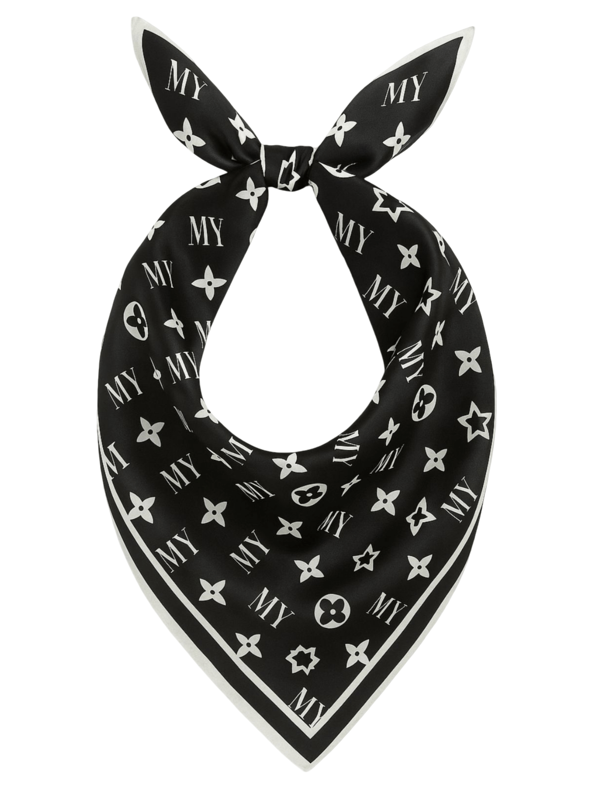 Foulard carré femme en aspect soie noir, imprimé floral blanc, accessoire chic, foulard de tête ou de cou, soie artificielle, 90x90 cm, finition brillante, modèle Maniah - Écharpe - Noir et blanc