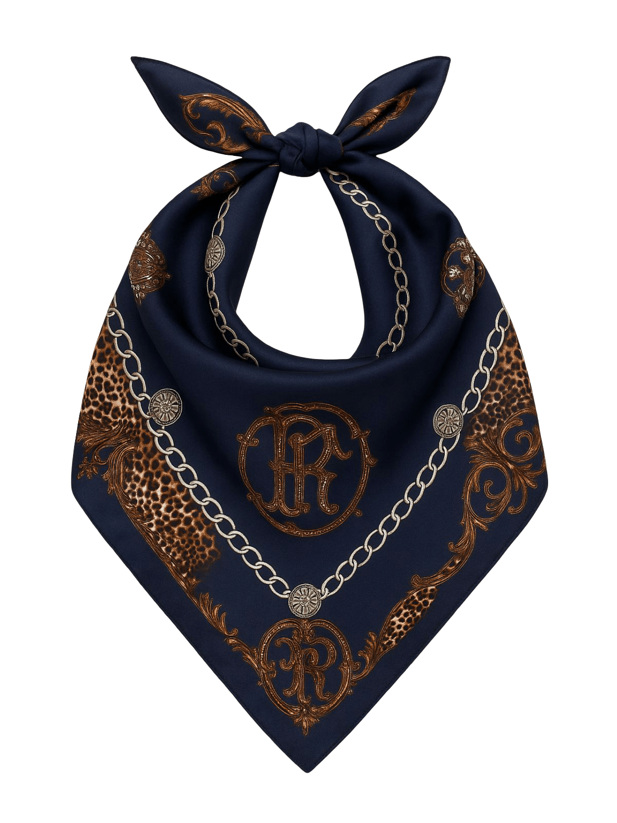 Foulard carré femme, foulard léopard bleu marine, accessoire mode imprimé chaîne, aspect soie satinée polyester, foulard cheveux sac cou, idée cadeau chic femme, modèle Kathina - Écharpe - Bleu marine