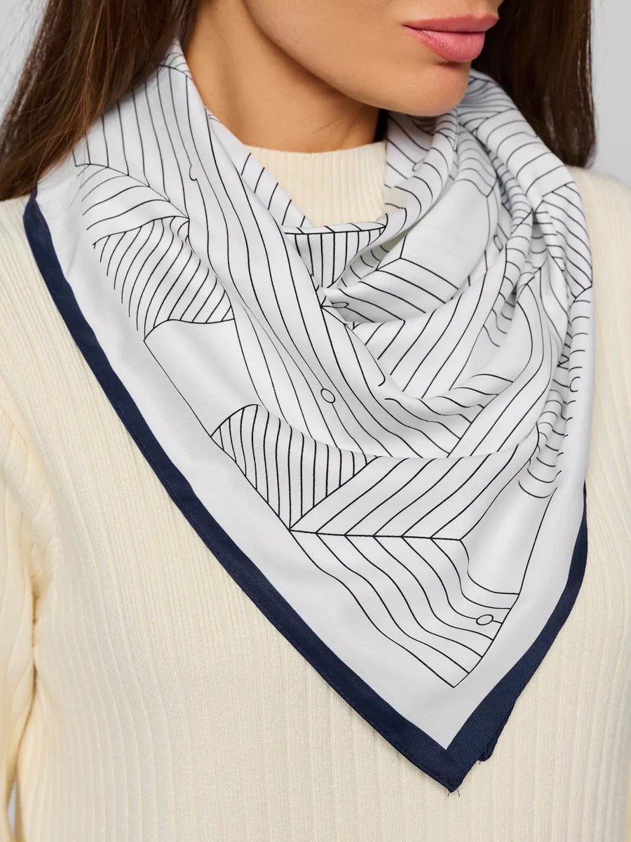 Foulard carré femme, soie synthétique douce, imprimé géométrique moderne, grande écharpe 90x90 cm, accessoires tête et cou, style chic urbain, modèle Albane - Écharpe - Blanc