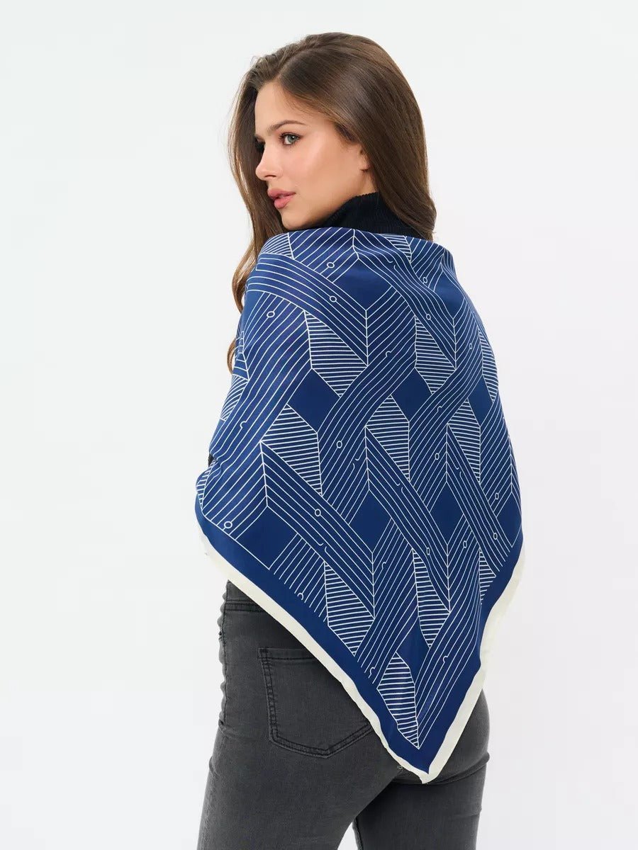 Foulard carré femme, soie synthétique douce, imprimé géométrique moderne, grande écharpe 90x90 cm, accessoires tête et cou, style chic urbain, modèle Albane - Écharpe - Bleu