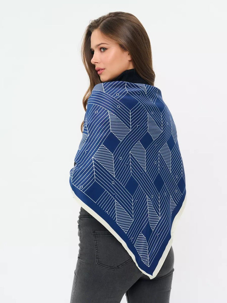 Foulard carré femme, soie synthétique douce, imprimé géométrique moderne, grande écharpe 90x90 cm, accessoires tête et cou, style chic urbain, modèle Albane - Écharpe - Bleu