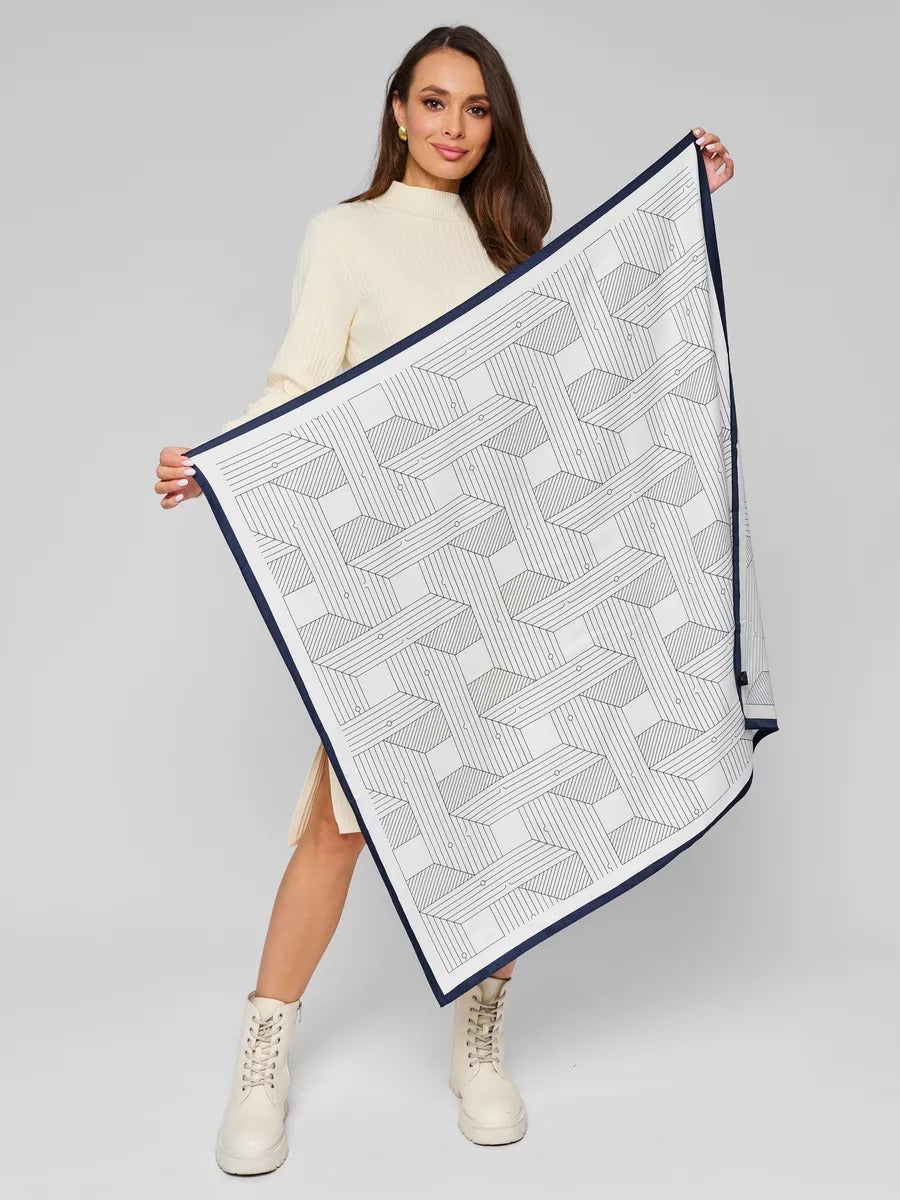 Foulard carré femme, soie synthétique douce, imprimé géométrique moderne, grande écharpe 90x90 cm, accessoires tête et cou, style chic urbain, modèle Albane - Écharpe - Blanc