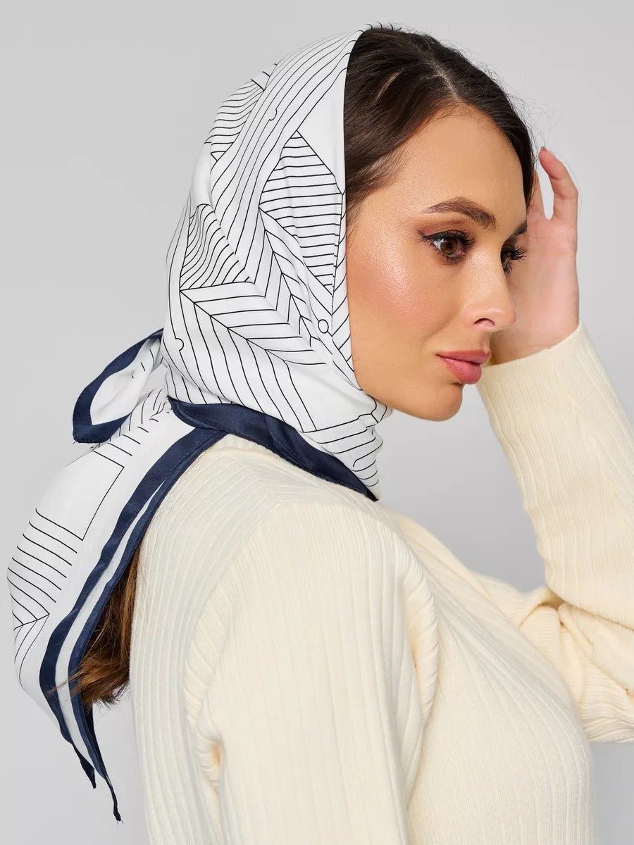 Foulard carré femme, soie synthétique douce, imprimé géométrique moderne, grande écharpe 90x90 cm, accessoires tête et cou, style chic urbain, modèle Albane - Écharpe - Blanc