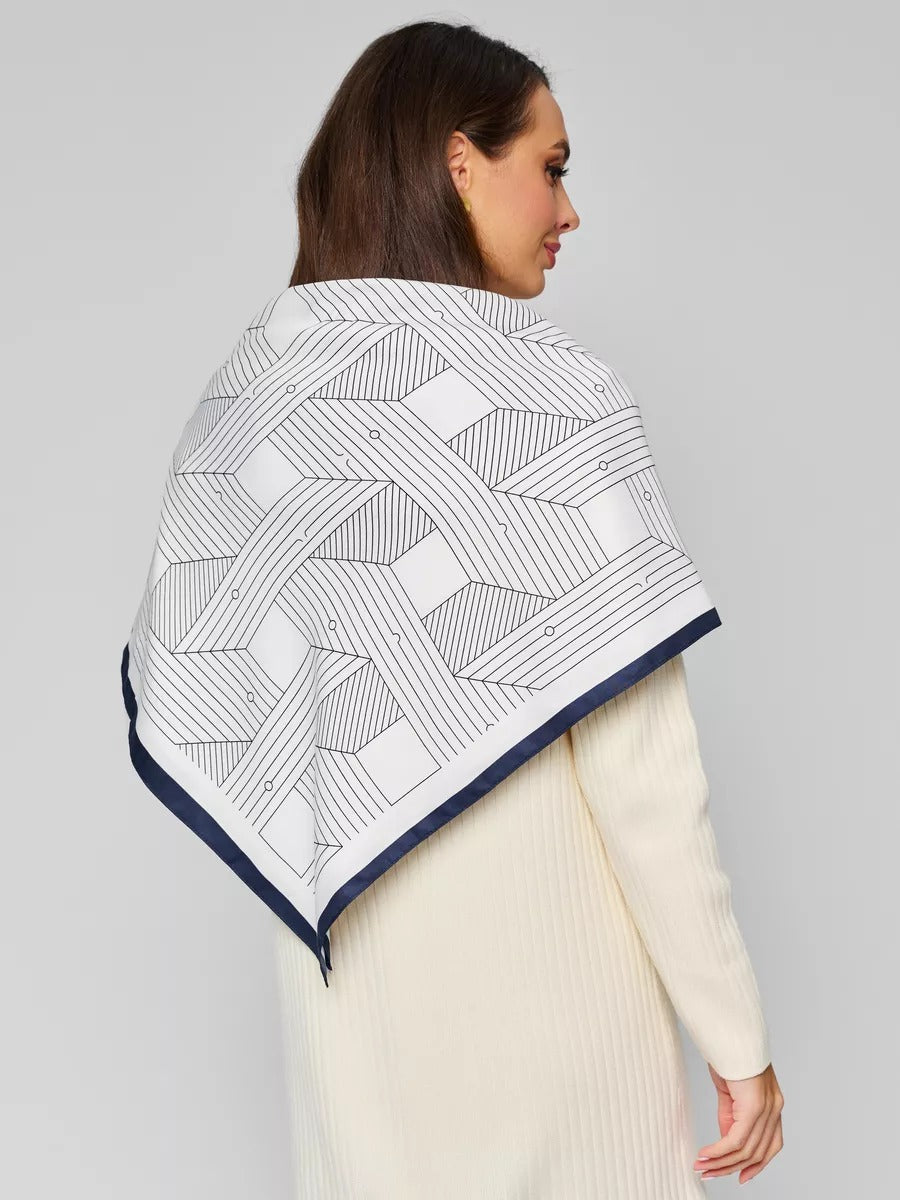 Foulard carré femme, soie synthétique douce, imprimé géométrique moderne, grande écharpe 90x90 cm, accessoires tête et cou, style chic urbain, modèle Albane - Écharpe - Blanc