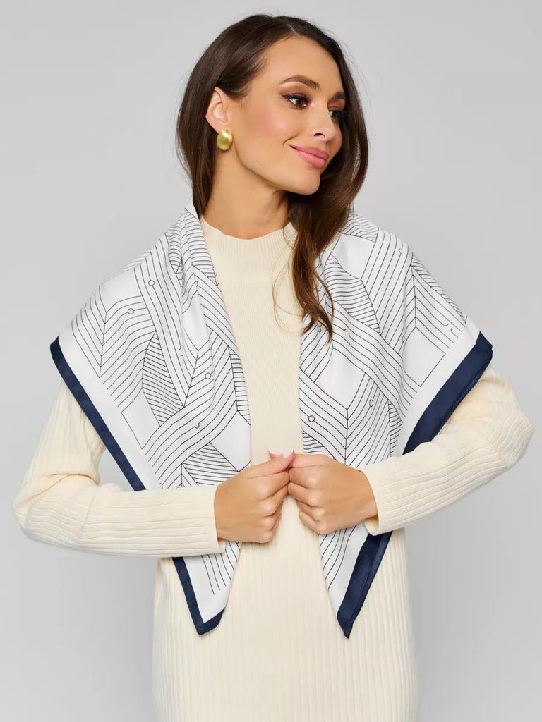Foulard carré femme, soie synthétique douce, imprimé géométrique moderne, grande écharpe 90x90 cm, accessoires tête et cou, style chic urbain, modèle Albane - Écharpe - Blanc
