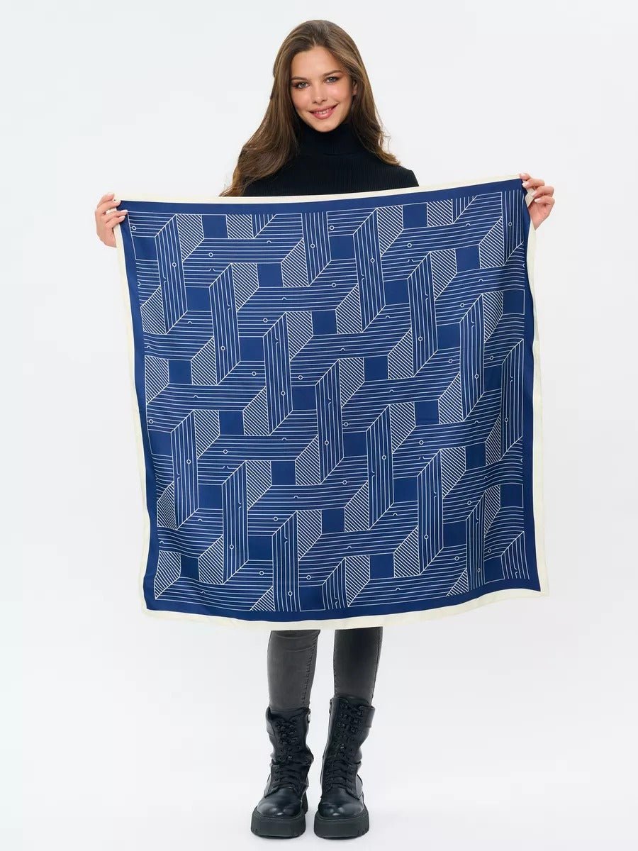 Foulard carré femme, soie synthétique douce, imprimé géométrique moderne, grande écharpe 90x90 cm, accessoires tête et cou, style chic urbain, modèle Albane - Écharpe - Bleu