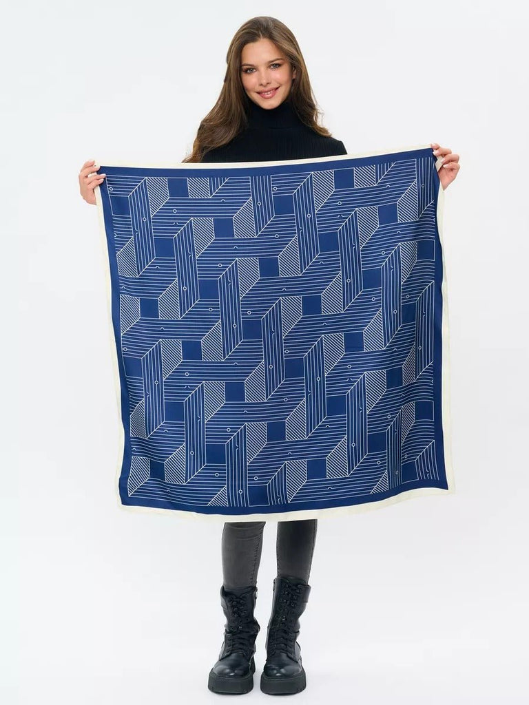 Foulard carré femme, soie synthétique douce, imprimé géométrique moderne, grande écharpe 90x90 cm, accessoires tête et cou, style chic urbain, modèle Albane - Écharpe - Bleu
