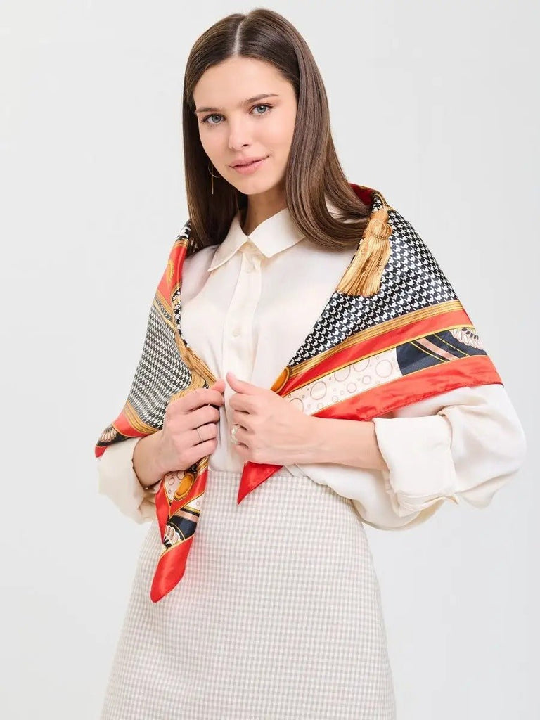 Foulard carré imitation satiné, foulard imprimé rouge noir blanc, écharpe foulard femme 90x90, accessoire mode chic, foulard à motif géométrique, modèle Laurel - Écharpe - Multicolore