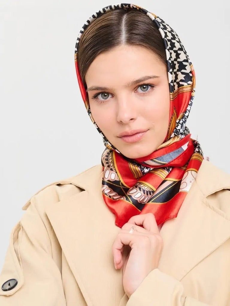 Foulard carré imitation satiné, foulard imprimé rouge noir blanc, écharpe foulard femme 90x90, accessoire mode chic, foulard à motif géométrique, modèle Laurel - Écharpe - Multicolore