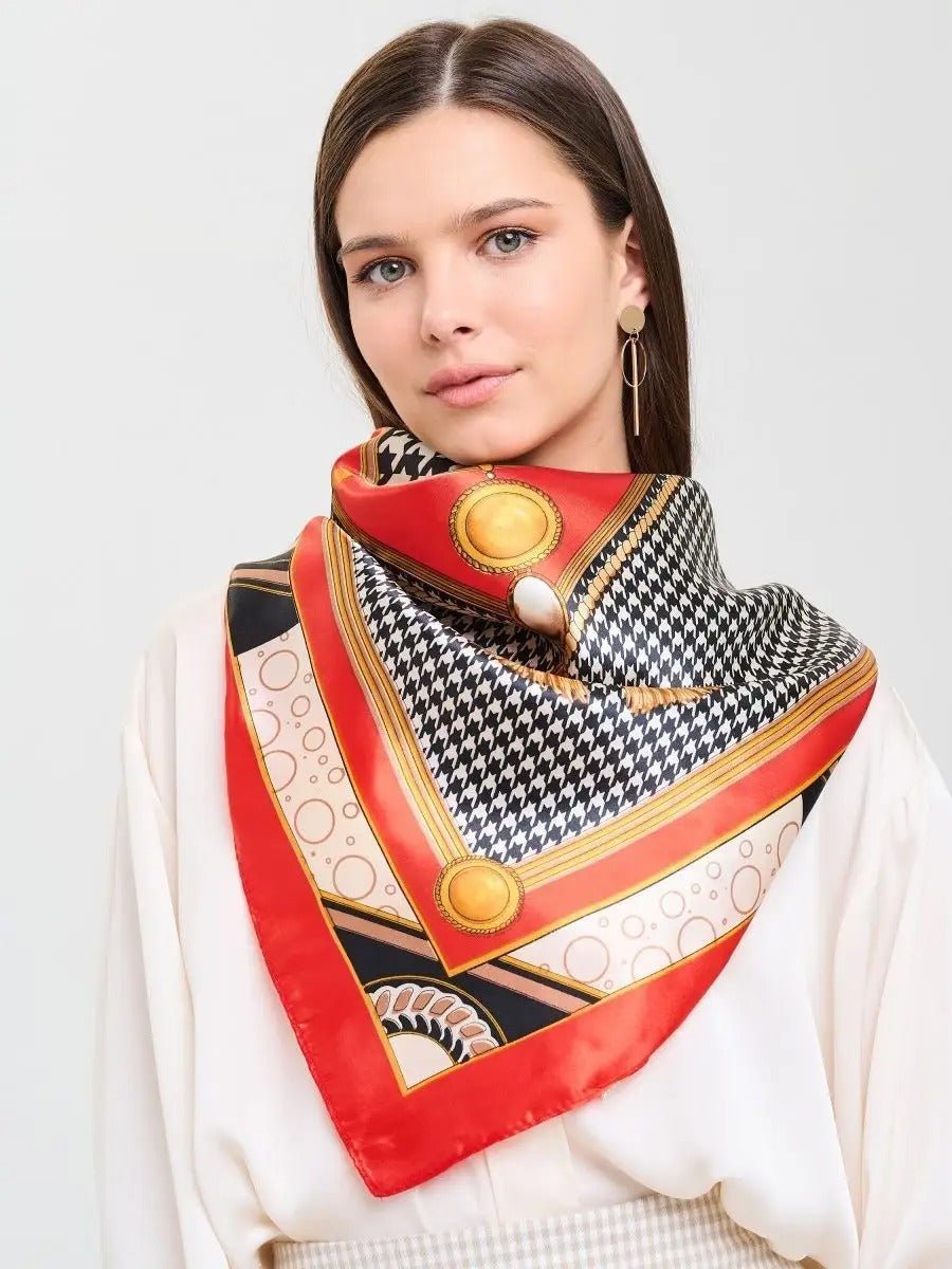 Foulard carré imitation satiné, foulard imprimé rouge noir blanc, écharpe foulard femme 90x90, accessoire mode chic, foulard à motif géométrique, modèle Laurel - Écharpe - Multicolore