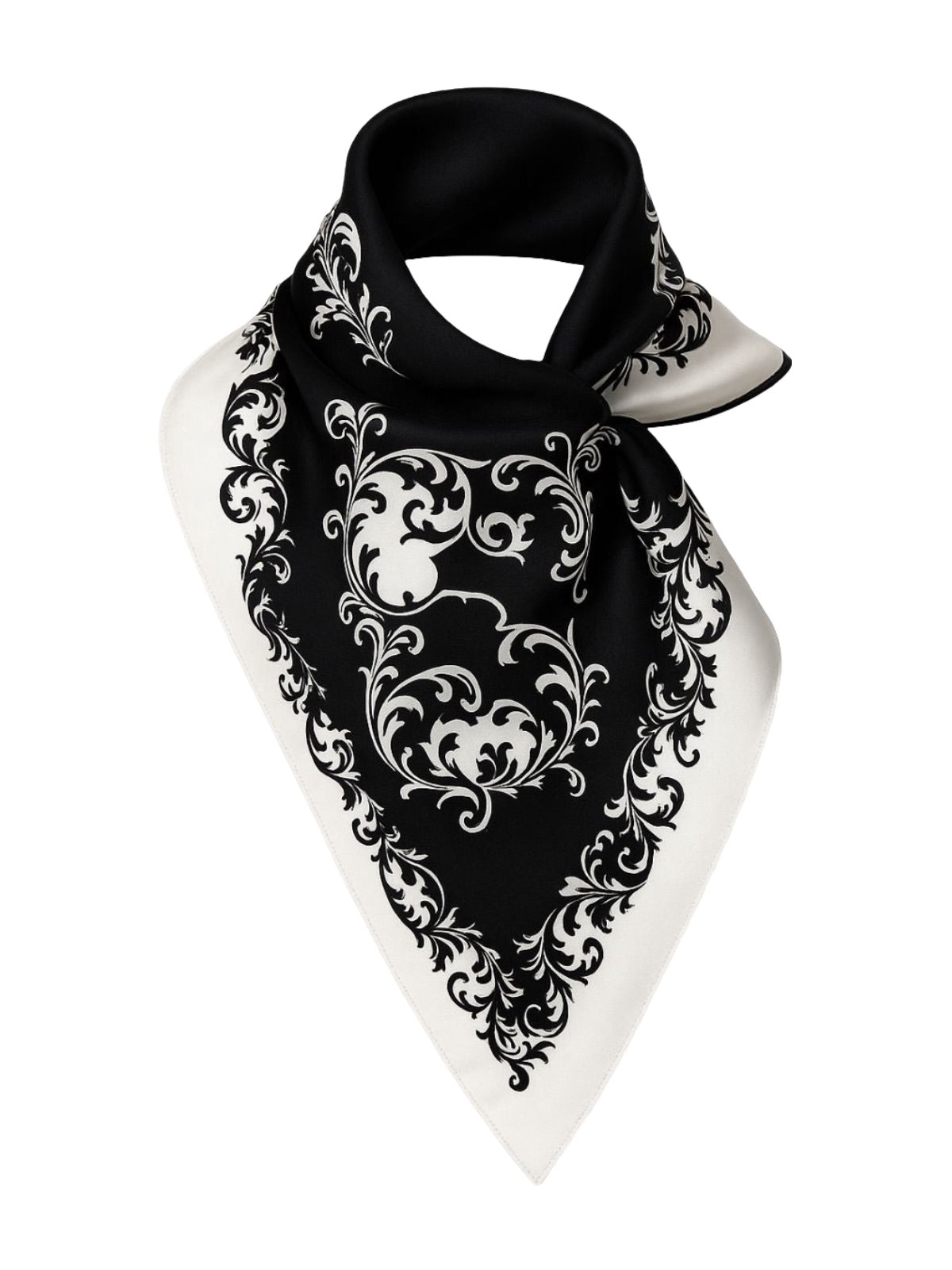 Foulard carré noir et blanc, effet satiné pour cheveux, accessoire chic pour le cou, imprimé floral baroque, mode femme, tissu doux brillant, aspect soie synthétique, modèle Helena - Écharpe - Noir et blanc