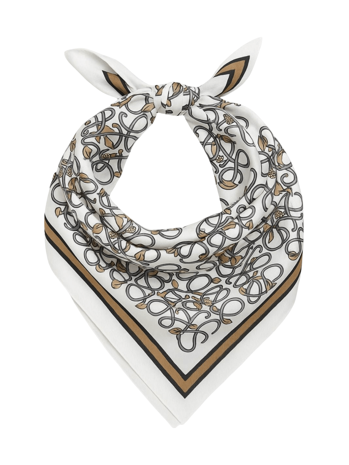 Foulard carré soyeux femme, motif graphique beige et noir, accessoire cheveux ou cou, multifonction doux et fluide, carré 90x90cm pour tenues chic, modèle Lorane - Écharpe - Blanc