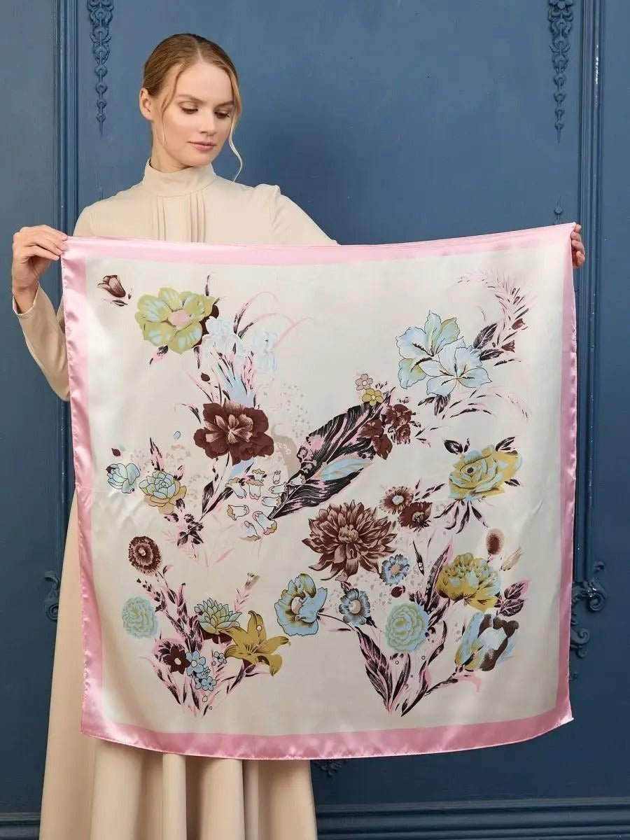 Foulard carré soyeux, imprimé floral multicolore, satin doux 90x90, accessoire féminin chic, écharpe polyvalente printemps été, modèle Tika - Écharpe - Multicolore