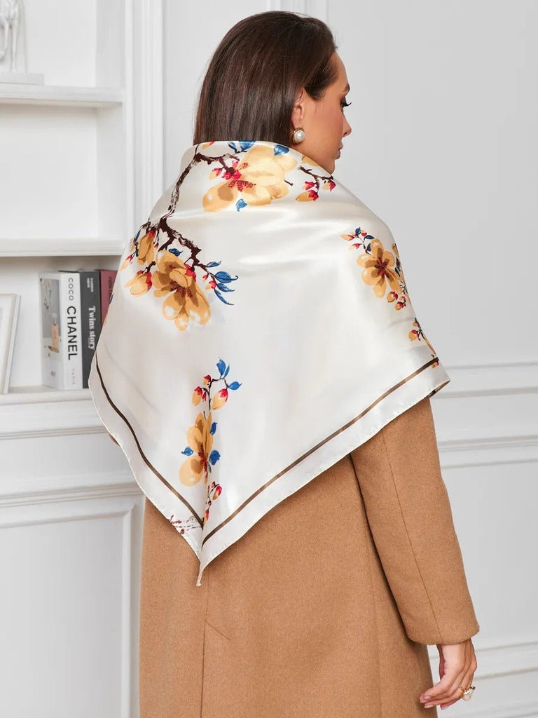 Foulard femme carré 90x90, imprimé floral jaune bleu, imitation satin soyeux, foulard de tête ou cou, accessoire chic printemps été, modèle Délima - Écharpe - Multicolore