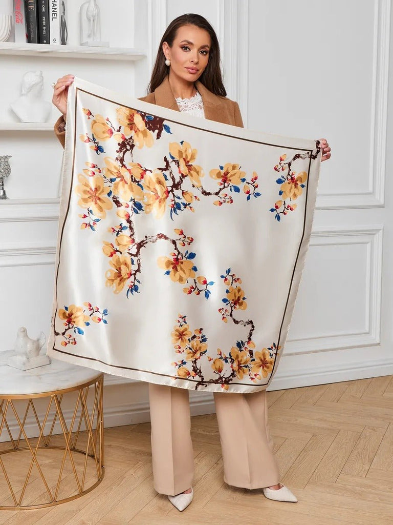 Foulard femme carré 90x90, imprimé floral jaune bleu, imitation satin soyeux, foulard de tête ou cou, accessoire chic printemps été, modèle Délima - Écharpe - Multicolore