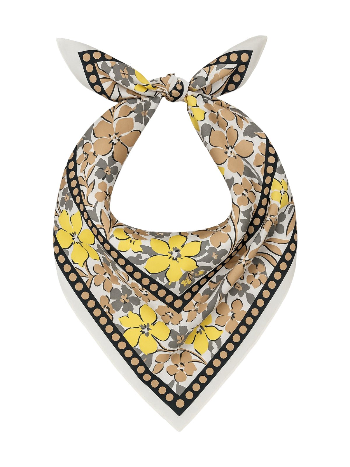 Foulard femme en aspect soie, grand carré floral, tons beige jaune gris, accessoire cheveux ou cou, doux et léger, printemps été, modèle Juliana - Écharpe - Fleuri