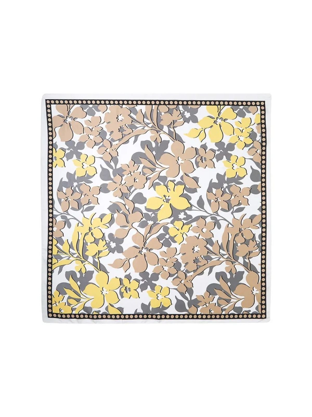 Foulard femme en aspect soie, grand carré floral, tons beige jaune gris, accessoire cheveux ou cou, doux et léger, printemps été, modèle Juliana - Écharpe - Fleuri