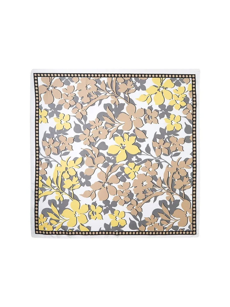 Foulard femme en aspect soie, grand carré floral, tons beige jaune gris, accessoire cheveux ou cou, doux et léger, printemps été, modèle Juliana - Écharpe - Fleuri