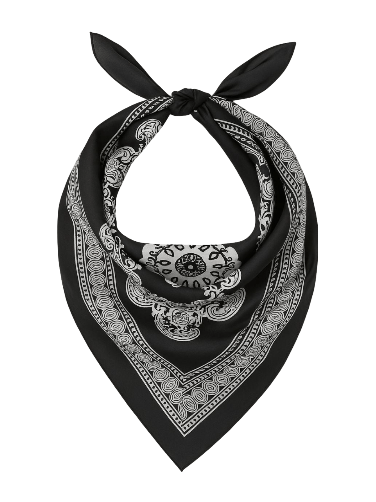 Foulard noir et blanc, imprimé géométrique floral, soyeux et doux, accessoire cheveux et cou, foulard carré 90x90, aspect soie artificielle, foulard femme toutes saisons, modèle Divana - Écharpe - Noir