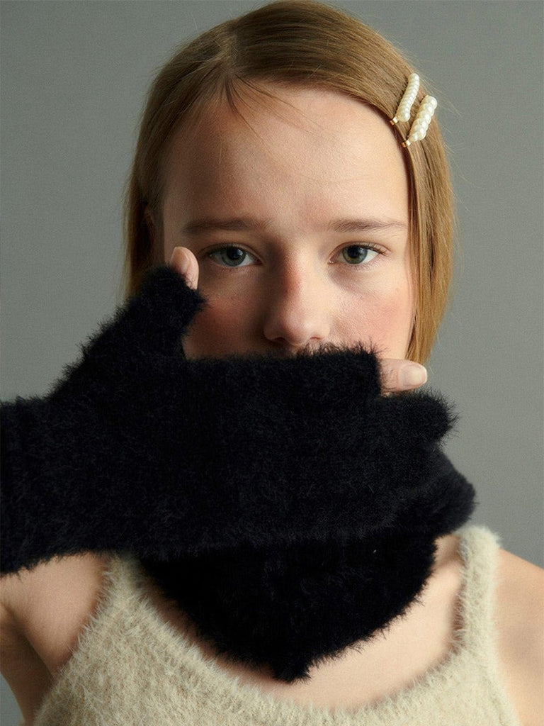 Gant long hiver femme, fausse fourrure doux, gant sans doigts peluche, gant violet crème noir, gant mode hiver chaud, modèle Likta - Écharpe - Noir