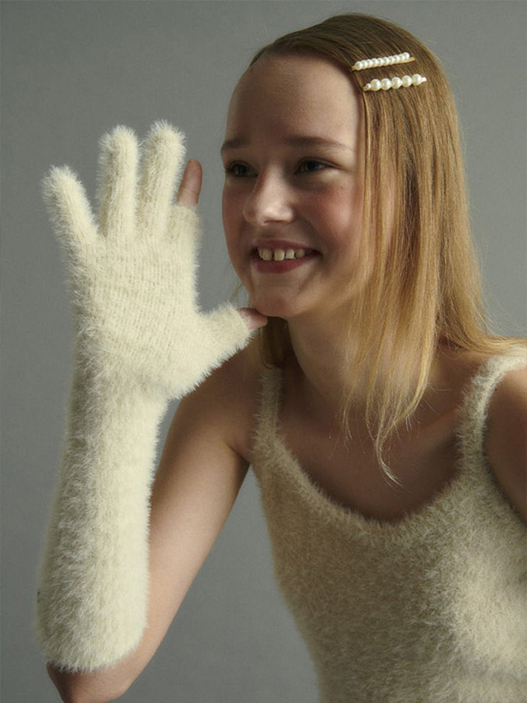 Gant long hiver femme, fausse fourrure doux, gant sans doigts peluche, gant violet crème noir, gant mode hiver chaud, modèle Likta - Écharpe - Blanc