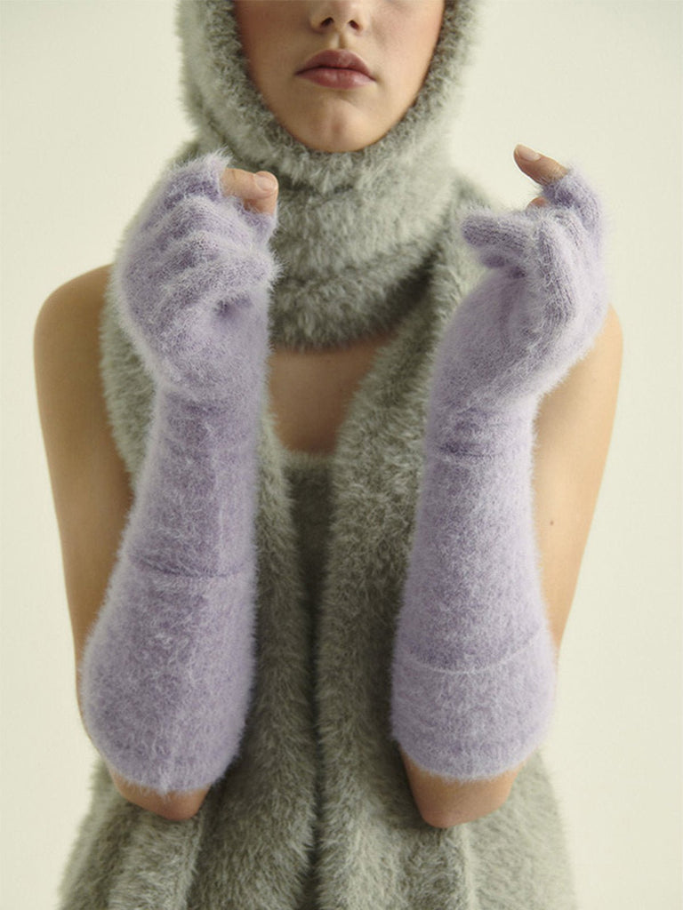 Gant long hiver femme, fausse fourrure doux, gant sans doigts peluche, gant violet crème noir, gant mode hiver chaud, modèle Likta - Écharpe - Violet